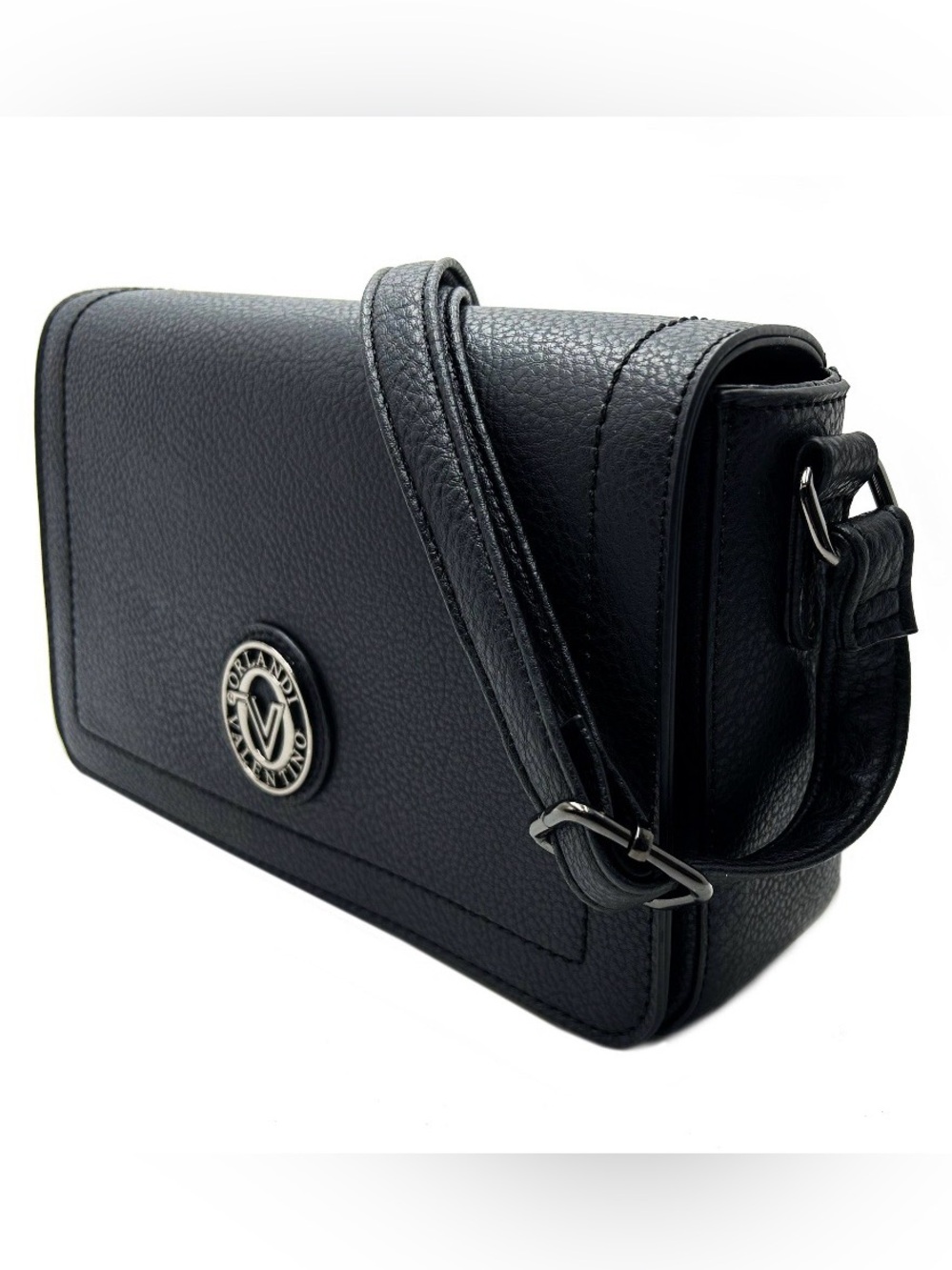 Medium Black Leather Crossbody Bag with Silver Accent by Valentino Orlandi NEW